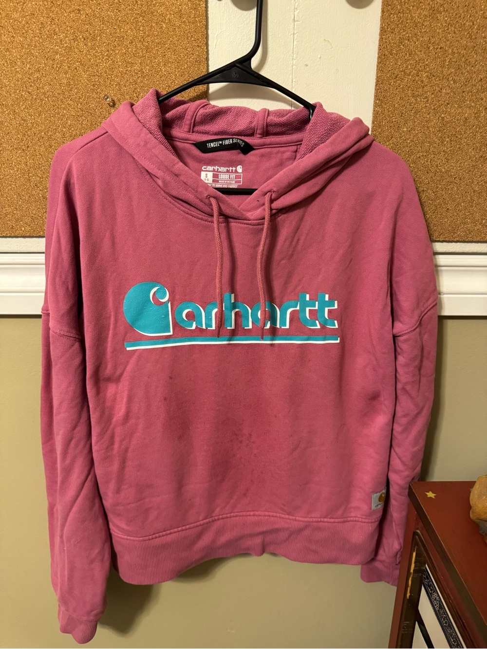 Carhartt Women's Rose Pink Hoodie with Teal Logo